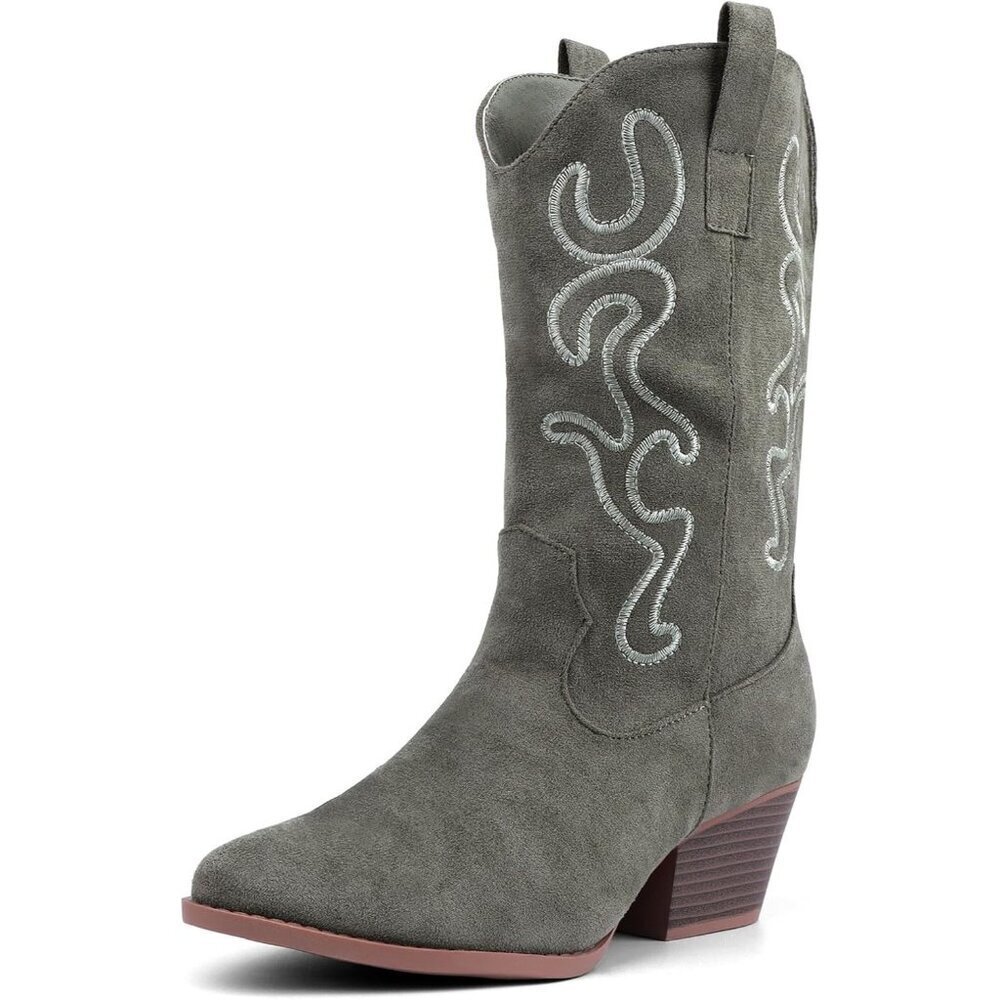 Women Oliver Suede Mid Calf Chunky Block Heel Western Embroidered Cowgirl Boot